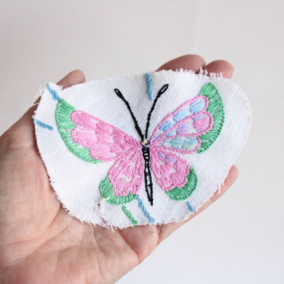 Vintage Patch, Butterfly Embroidered Applique Pink Blue Green on White - Picture 2 of 9